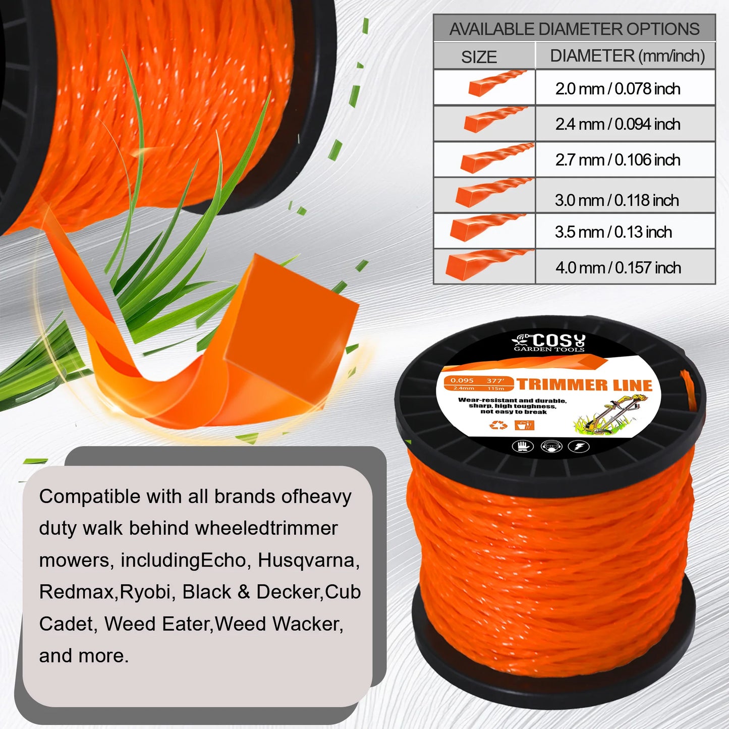 TSES 2.0~4.0mm Twisted Trimmer Line Heavy Duty Weed Whacker Line Weed Eater Line Strimmer Line for Lawn, Garden