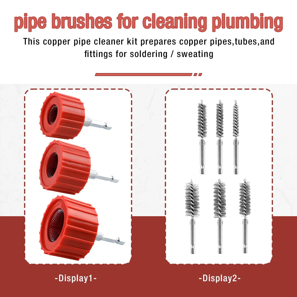 3/9Pcs Copper Pipe Cleaner Set(1/2, 3/4 & 1Inch)  Copper Tube Cleaning Brush and Stainless Steel Hex Bar Twisted Wire Hole Brush