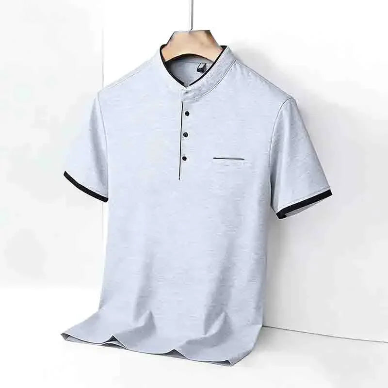 Men's Mandarin Collar Polo - Short Sleeve Pocket, All-Season Pullover