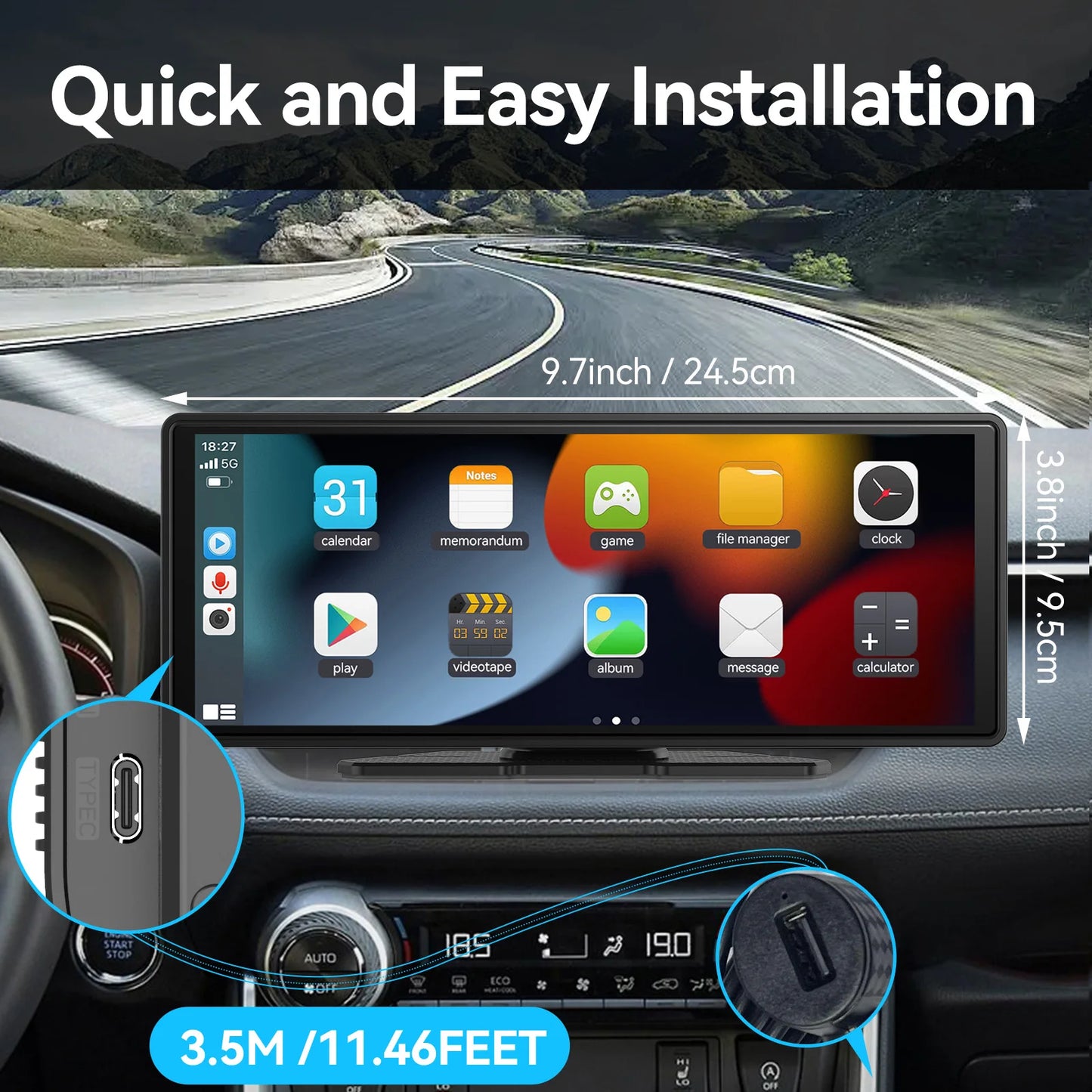 Portable Wireless CarPlay & Android Auto Touchscreen — Dash-Mount Car Stereo Display, Universal Fit