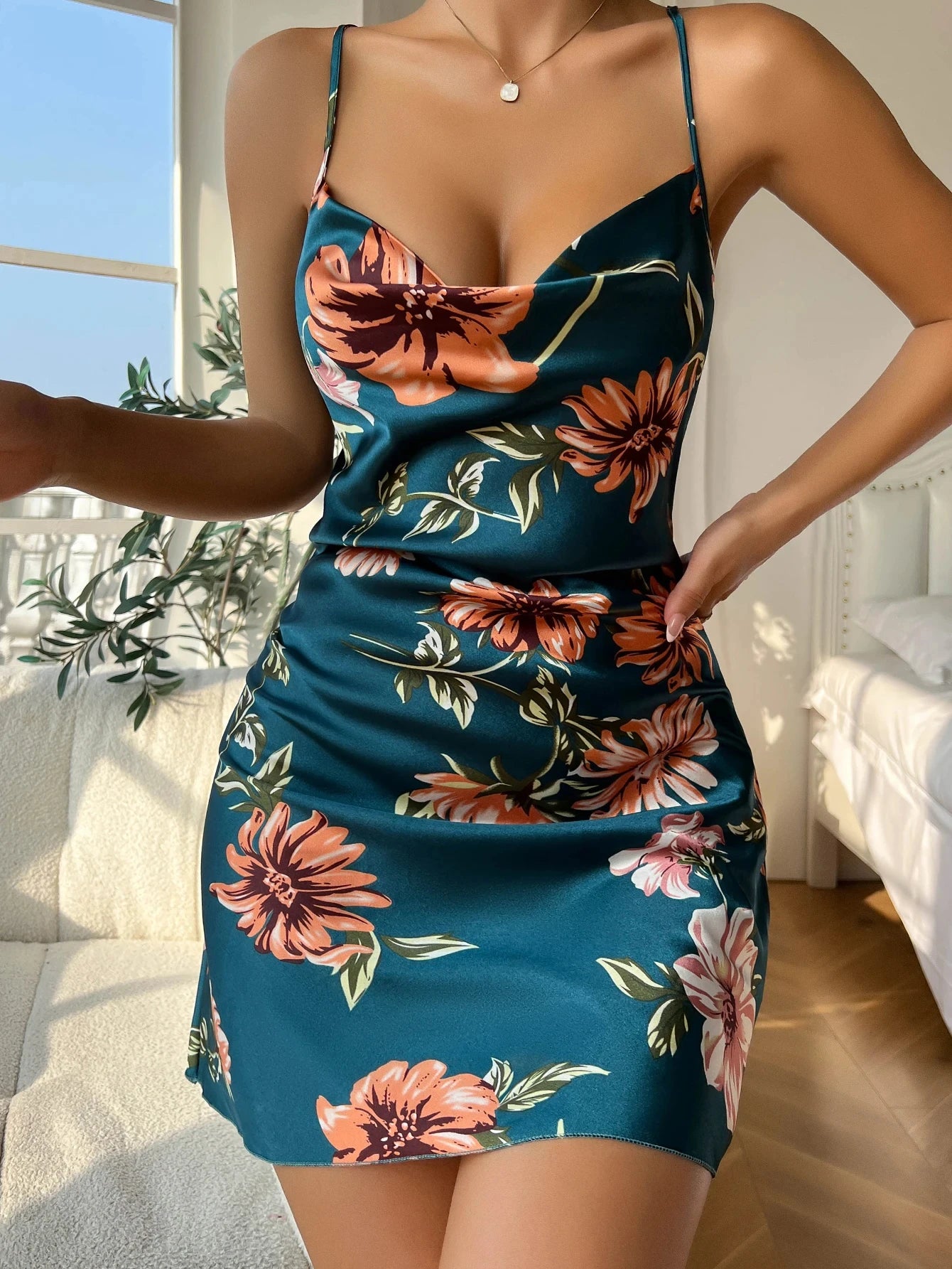 Women's Ice Silk Floral Print Slip Nightdress – Breathable Open Back Split Mid-Calf Pajama Dress | S–XL (9 Colors)