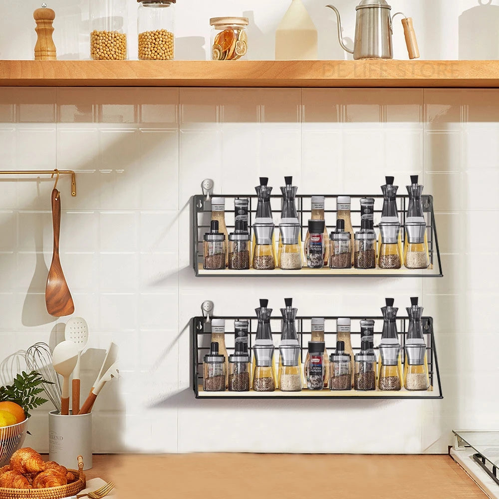 Hanging Wooden Spice Rack - Wall-Mounted Seasoning Jar Shelf - photo 2