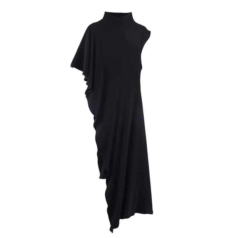 Women's Dress 2026 New Fashion Spring Summer Black Asymmetric Ruffle Dress for Women Casual Chic Personality Top