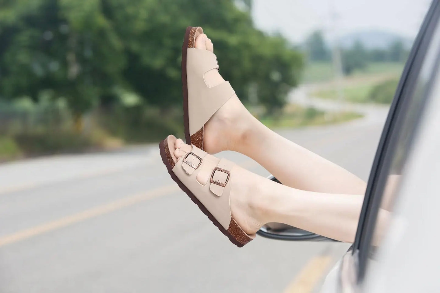 Crestar Women Cork Footbed Slippers Summer Couple Adjustable Double Buckles Flat Sandals Outdoor Cork Beach Slides With Open Toe