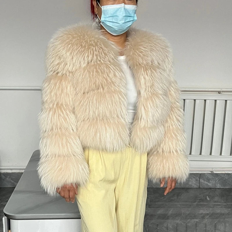 Women's Hooded Raccoon Fur Coat, Turn-Down Collar