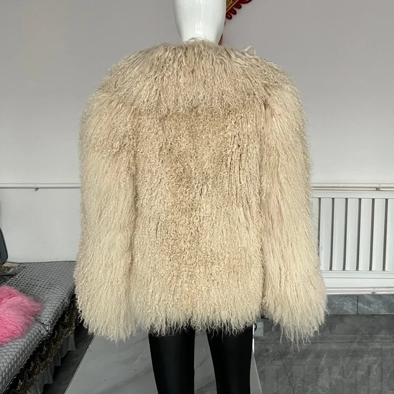 Women's Mongolian Sheep Fur Coat, Turn-Down Collar