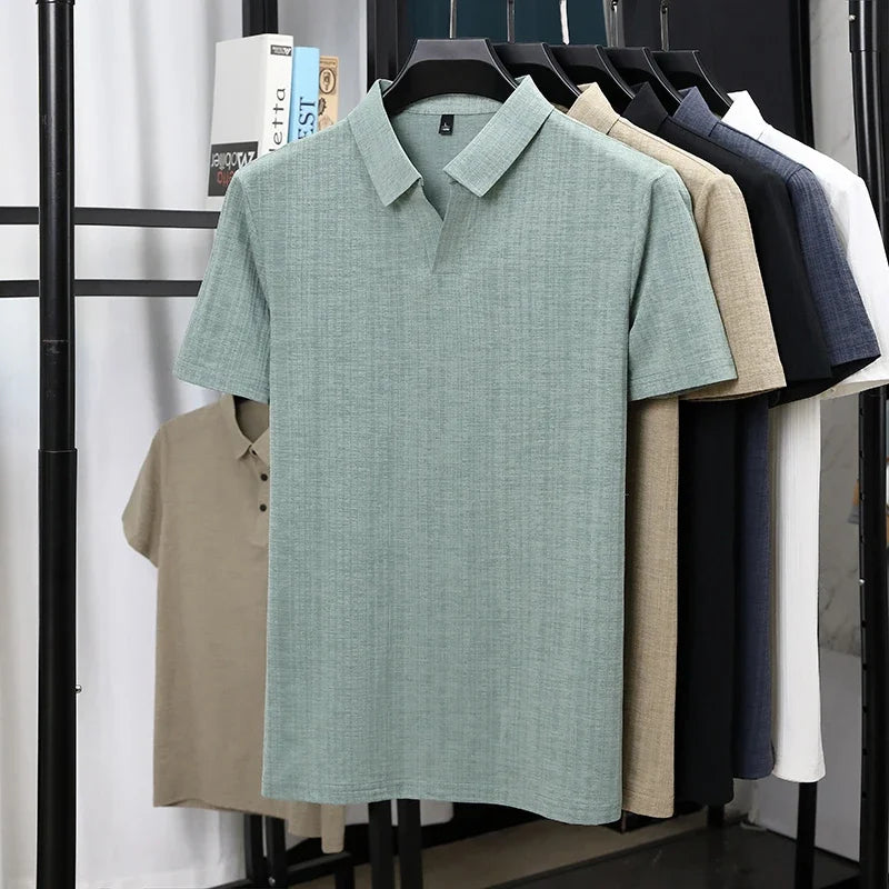 Men's Linen-Blend Polo - Minimalist Plain Lapel, Breathable Soft