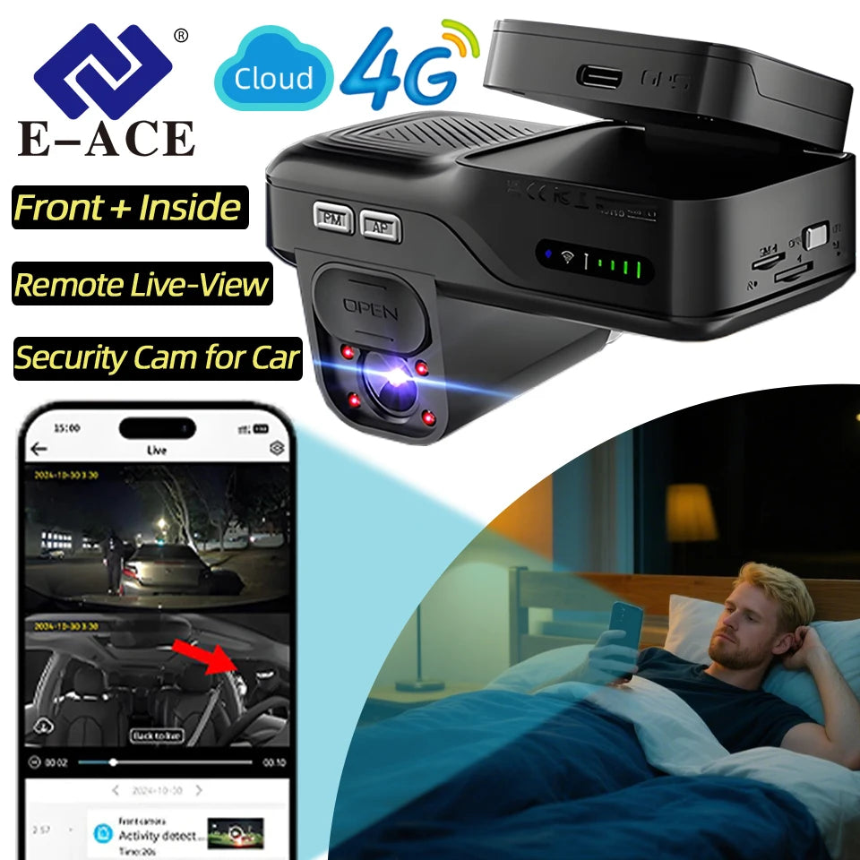 E-ACE 4G LTE Dash Cam Car Black Box Front and Inside Lens GPS Remote Live-View Infrared Night Vision Car Safety Video Recorder