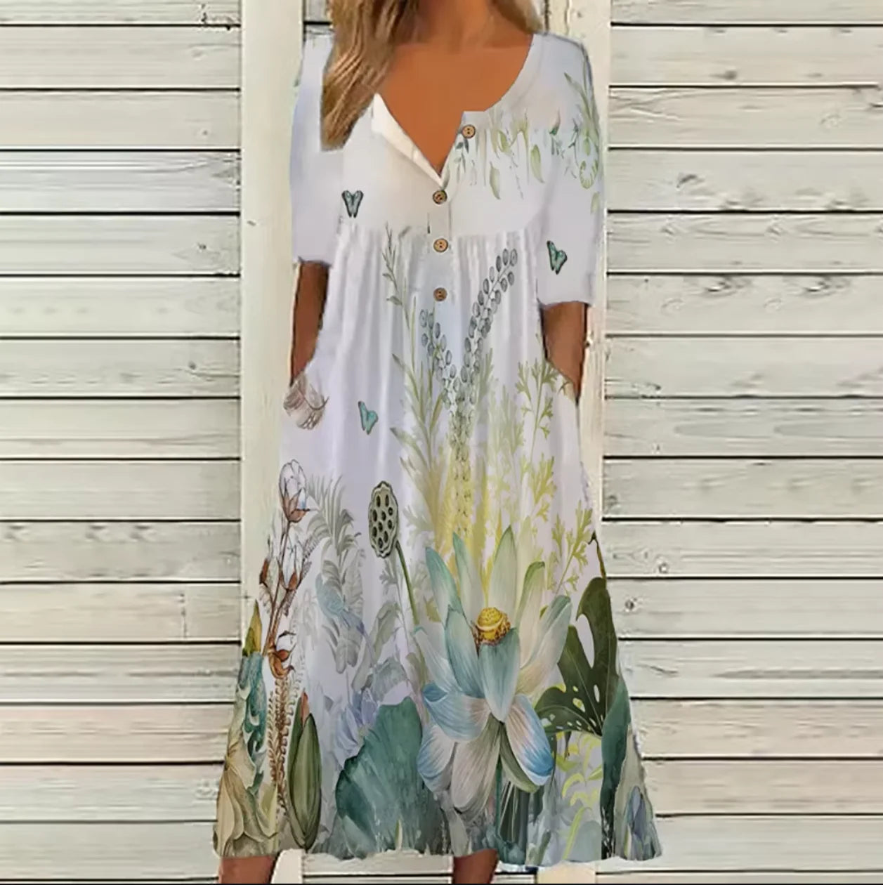 2026 New European & American Women's Spring Trendy Printed V-Neck Button Short-Sleeve Maxi Dress
