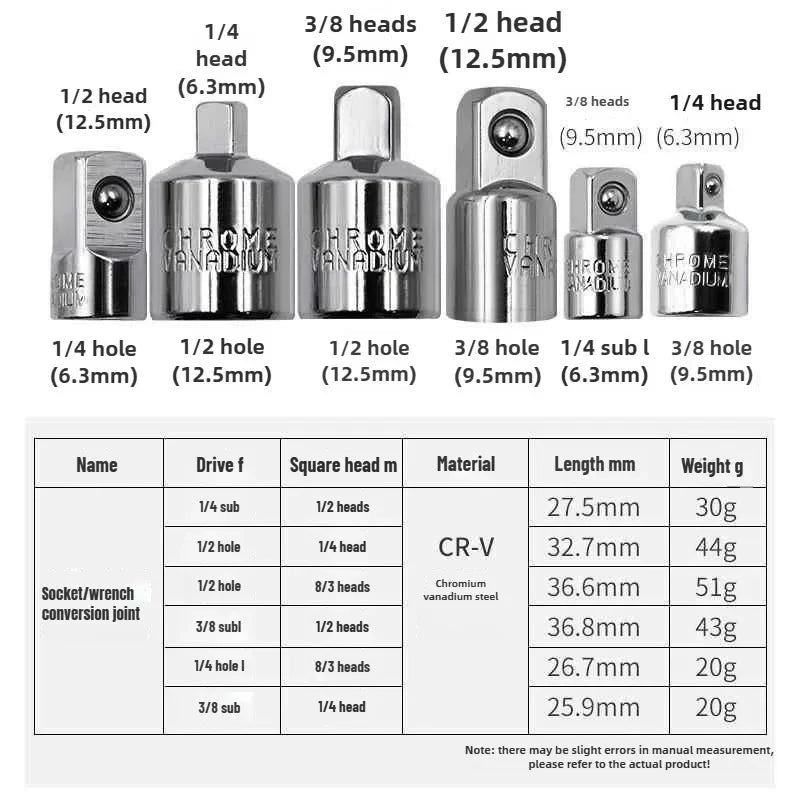 Sockets Set 1/4 Adapter 3/8 Adapter At 1/2 Tools For Mechanic 6pcs Ratchet Wrench Stainless Steel Converter Sleeve Head