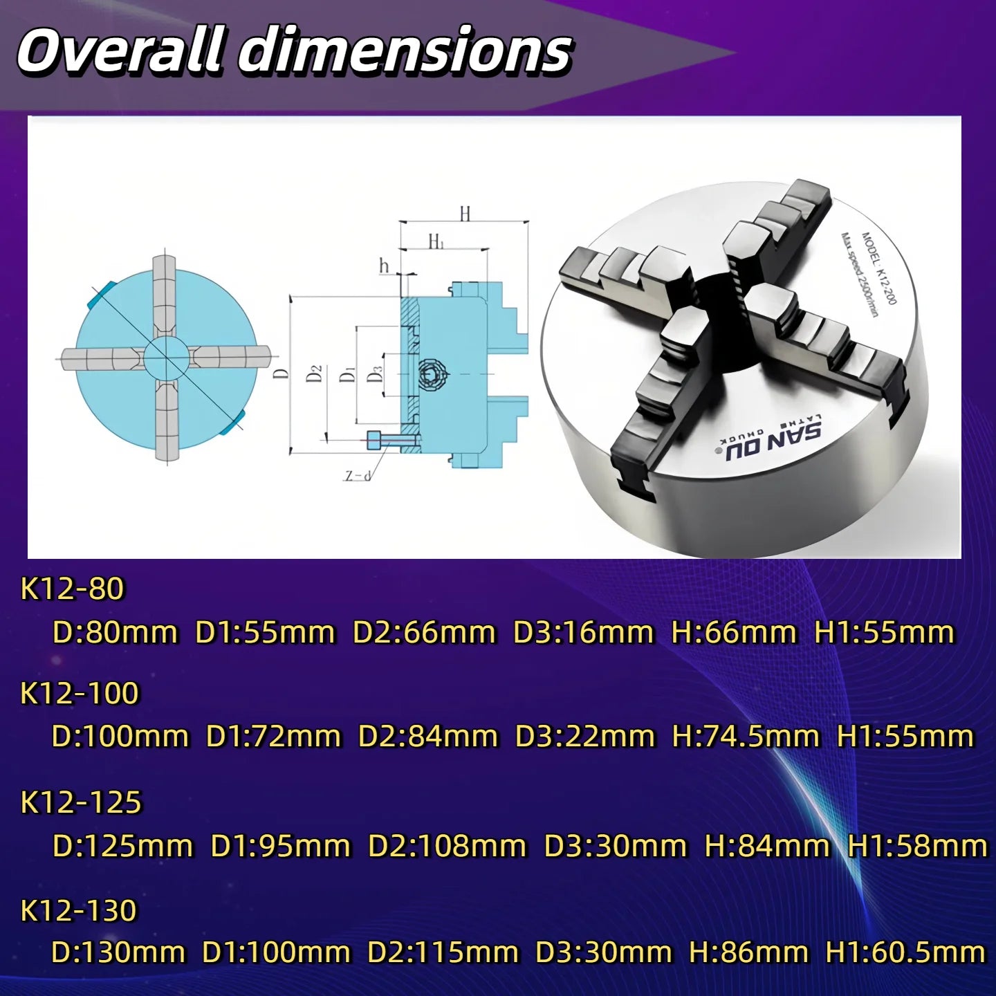 80/100/125mm Precision 4-Jaw Self-Centering Lathe Chuck - Iron & Steel Wide Clamping Range Automatic Centering for Machine Tools