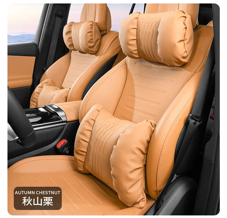 Nappa Leather Car Headrest & Lumbar Support Cushion – Soft Neck Pillow & Waist Pillow Set