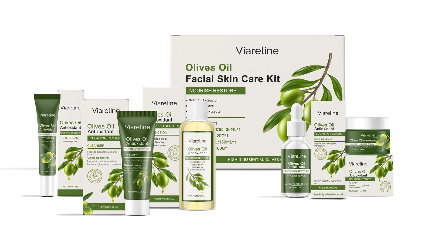 Olive Oil Facial Skincare Set, Hydrating & Soothing Dry Skin Care, Elasticity Boosting Treatment, Complete Routine