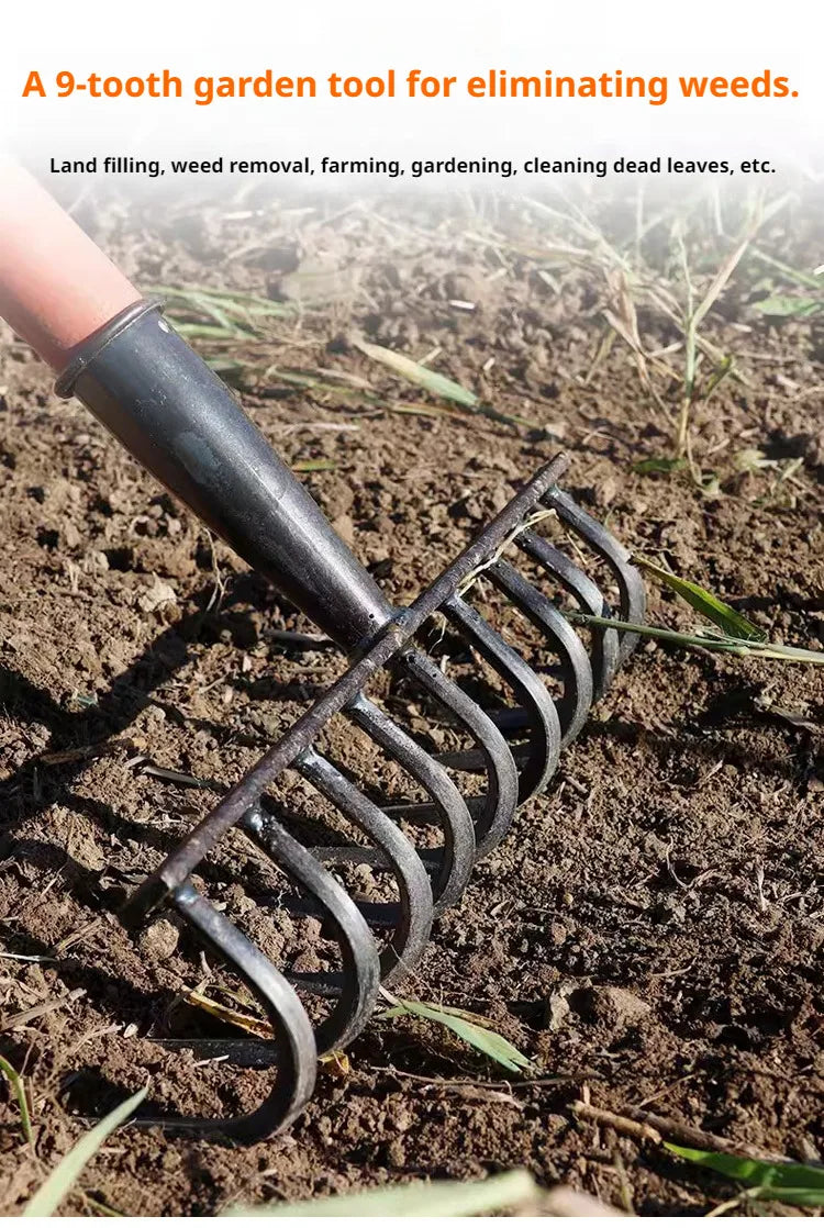 Multifunctiona steel rake Manganese Steel Durable Laborsaving Agricultural Nine-tooth Nail Rake for raking grass, loosening soil