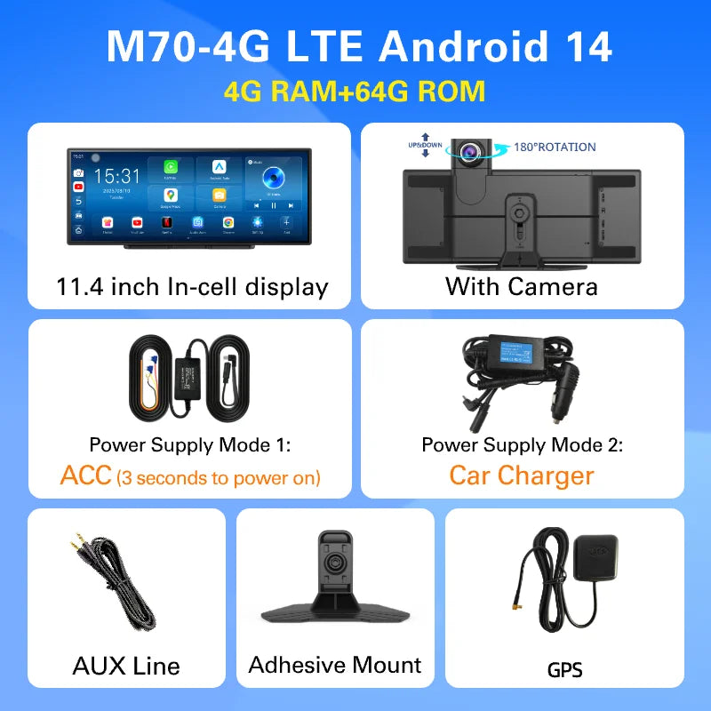 Imagebon M70 11.4" 4G Android 14 Dashcam with Wireless CarPlay & Android Auto