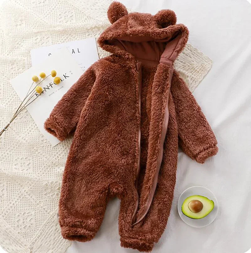 Coral Fleece Bear Baby Jumpsuit - Hooded Infant Winter Overall - photo 2