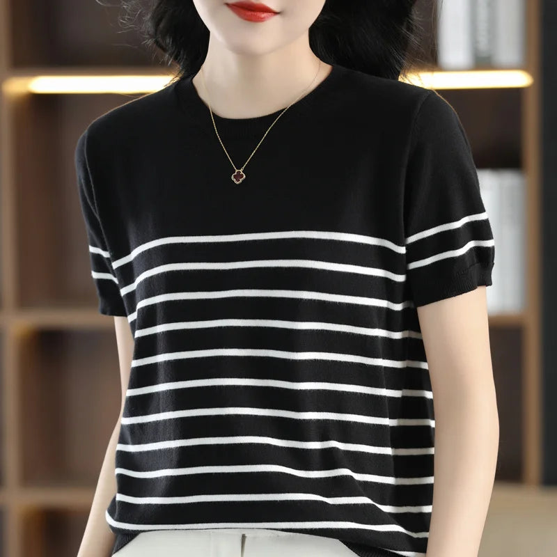 Pure Cotton Hollow Short-Sleeved Ladies Spring And Summer Loose Slim New Joker Knit Bottoming T-Shirt