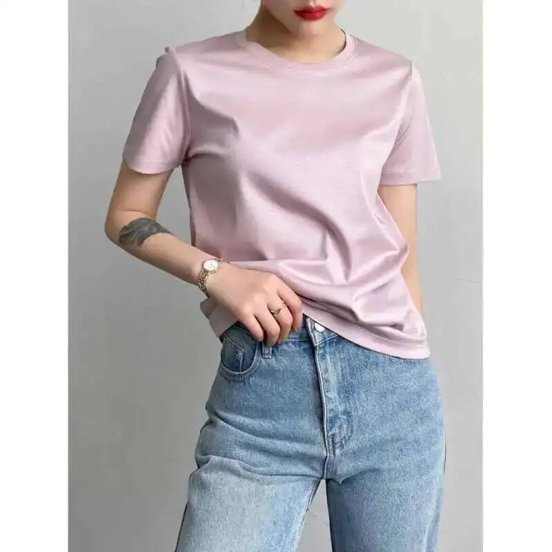 Women's Luxury Mulberry Silk Cotton T-Shirt – Loose Round Neck Short Sleeve Solid Basic Top