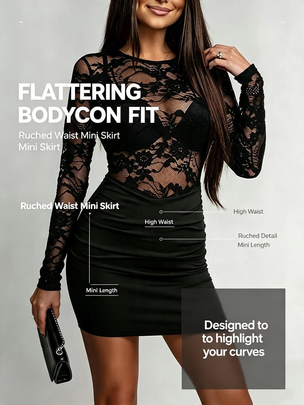 Sexy Black Long Sleeve Sheer Lace Bodycon Dress - Crew Neck Waist Ruched Slim Fit Mini Gown, For Night Club Party Date Outfits
