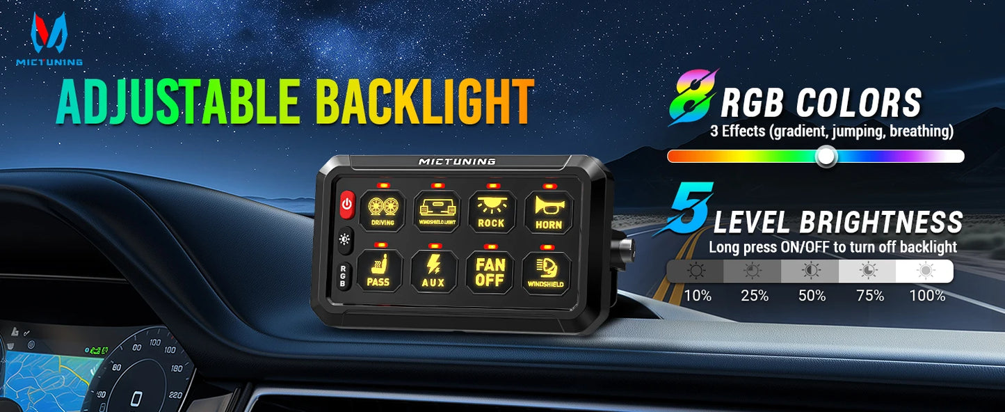 MICTUNING P1S-R 6/8 Gang Switch Panel RGB Colors Adjustable Brightness Switch Momentary Circuit Control Relay System Box For SUV