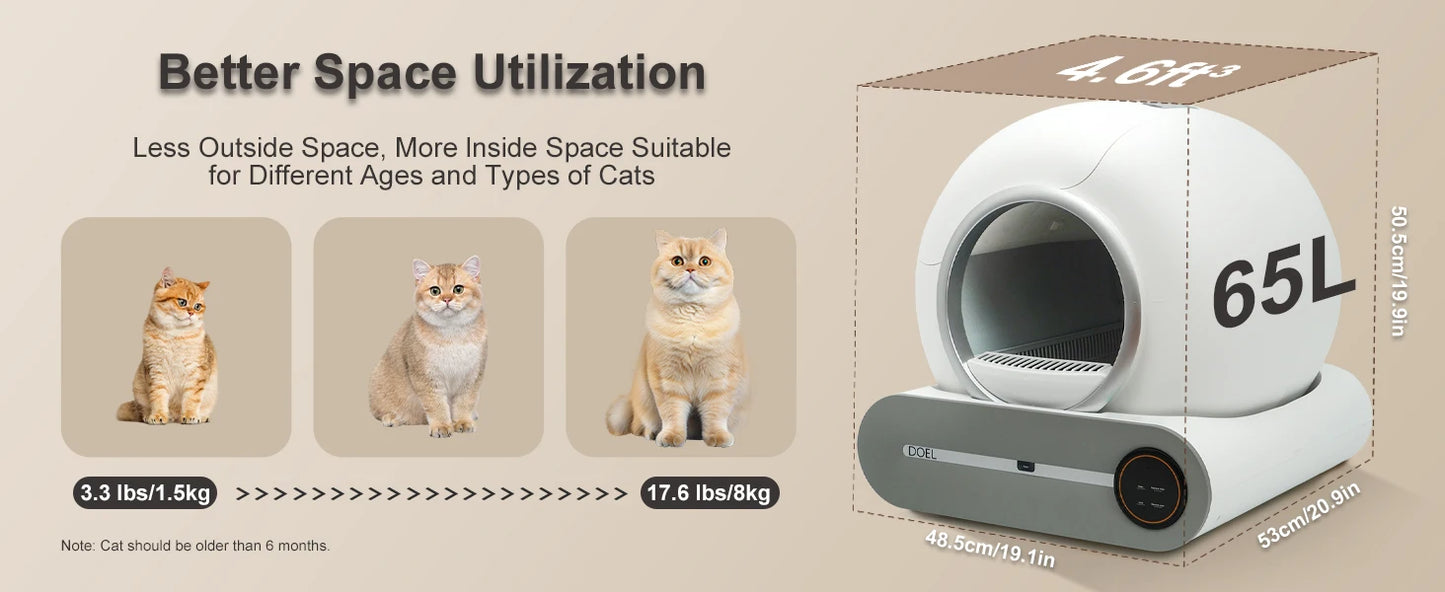 DOEL 65L Self-Cleaning Automatic Cat Litter Box – Smart App Control, WiFi, Trash Bag & Litter Mat Included | White