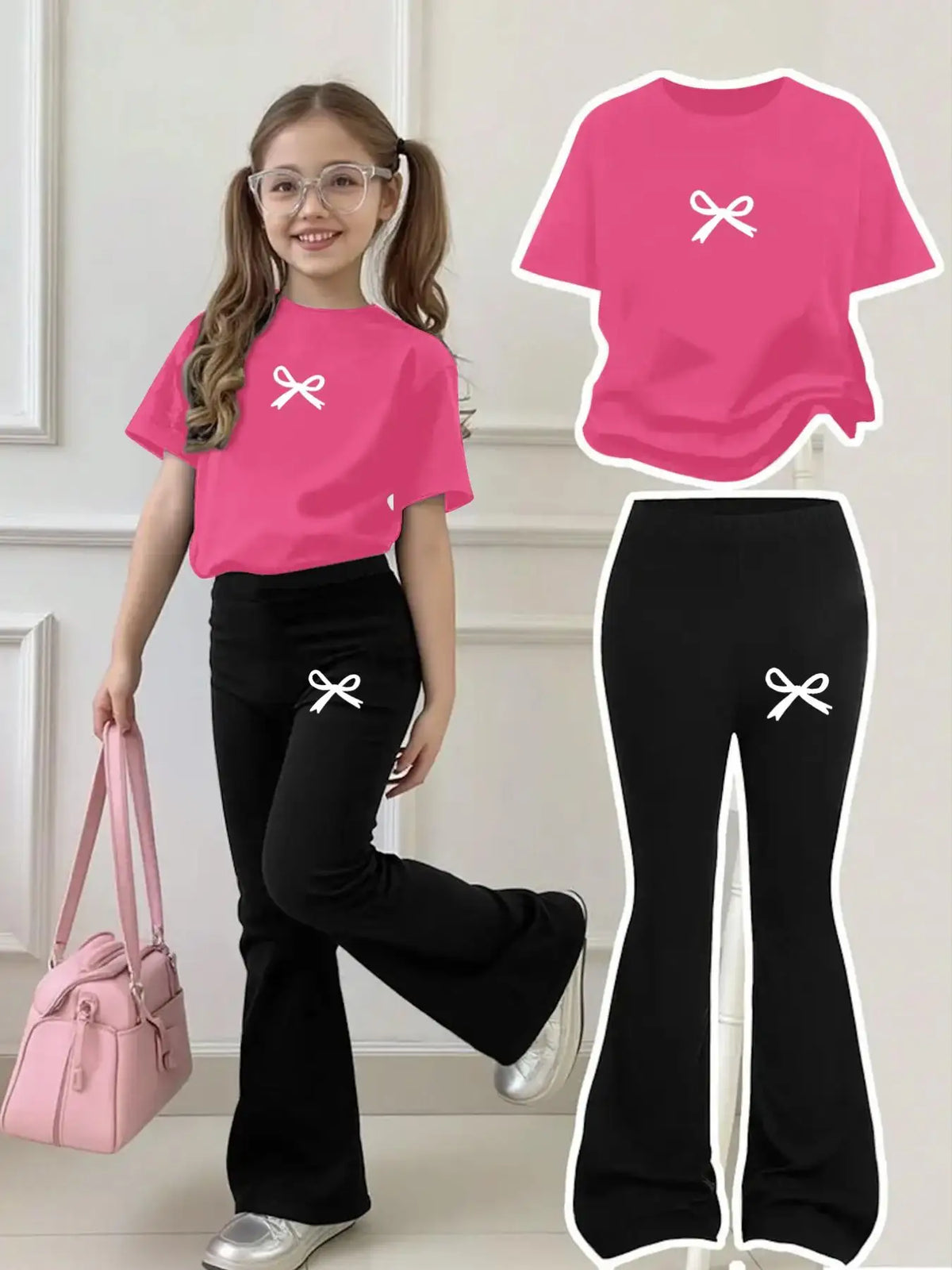 Children's Clothing Girls' Set 2026 New Style for Girls Aged 4-12, Regular Short-Sleeve Top and Flared Pants Two-Piece Set, Simple Bow Print Clothing, Versatile for Home and Outings