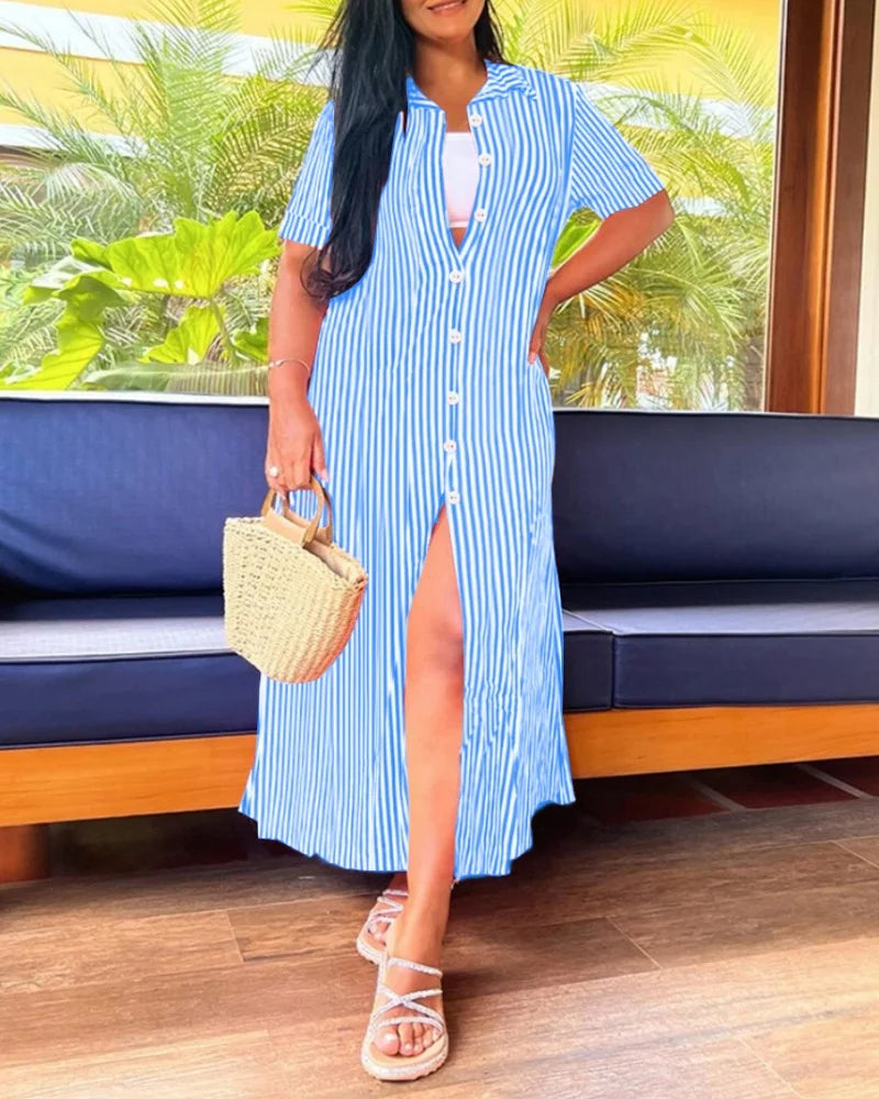 Women's Stripe Button-Front Maxi Dress with V-Neck and Side Slit - Loose Fit Casual Summer Shirt Dress in Pink, Blue, Black & Pr