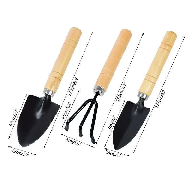 3-Pc Mini Garden Tool Set — Shovel, Trowel & Rake for Potted Plants