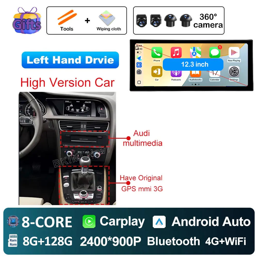 Android Car Screen for Audi A4 B8 & A5 (2009–2016) — Wireless CarPlay, GPS, 4G, DSP, Ultra-Thin Display