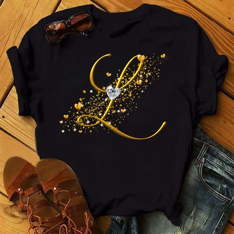 Women's Personalized Letter Graphic Tee — Gold Diamond-Font Monogram Short-Sleeve Top
