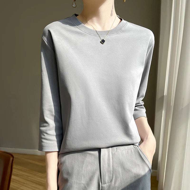 Women's Mercerized Cotton T-Shirt — Loose Round-Neck Half-Sleeve Top