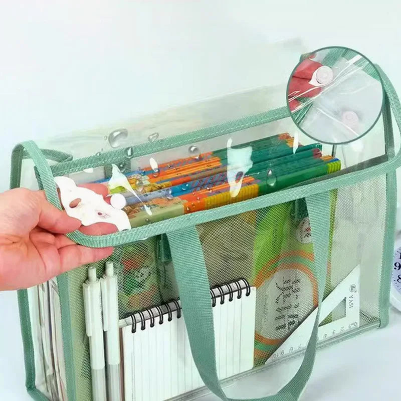 PVC Transparent Book Bag – Waterproof Sealed, Double-Layer Storage, Handle File Pouch, Study Organizer, Snap Design, Heavy-Duty