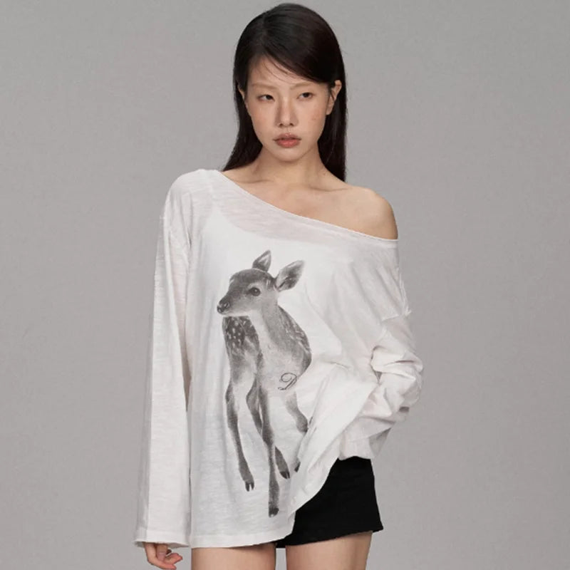 Kimotimo Summer Print Off Shoulder Long Sleeve T-shirt Women 2026 New Casual Transparent Loose Lazy Top Kpop Fashion Y2k Tees
