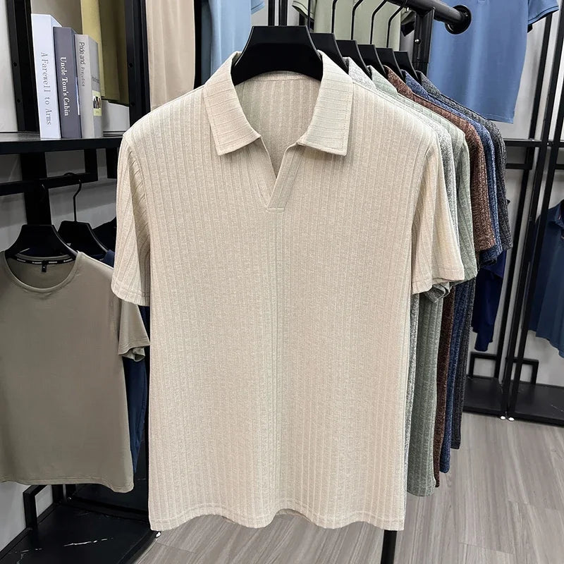 Men's Knitted Polo Tee - V-Neck Stripe, Lightweight Breathable