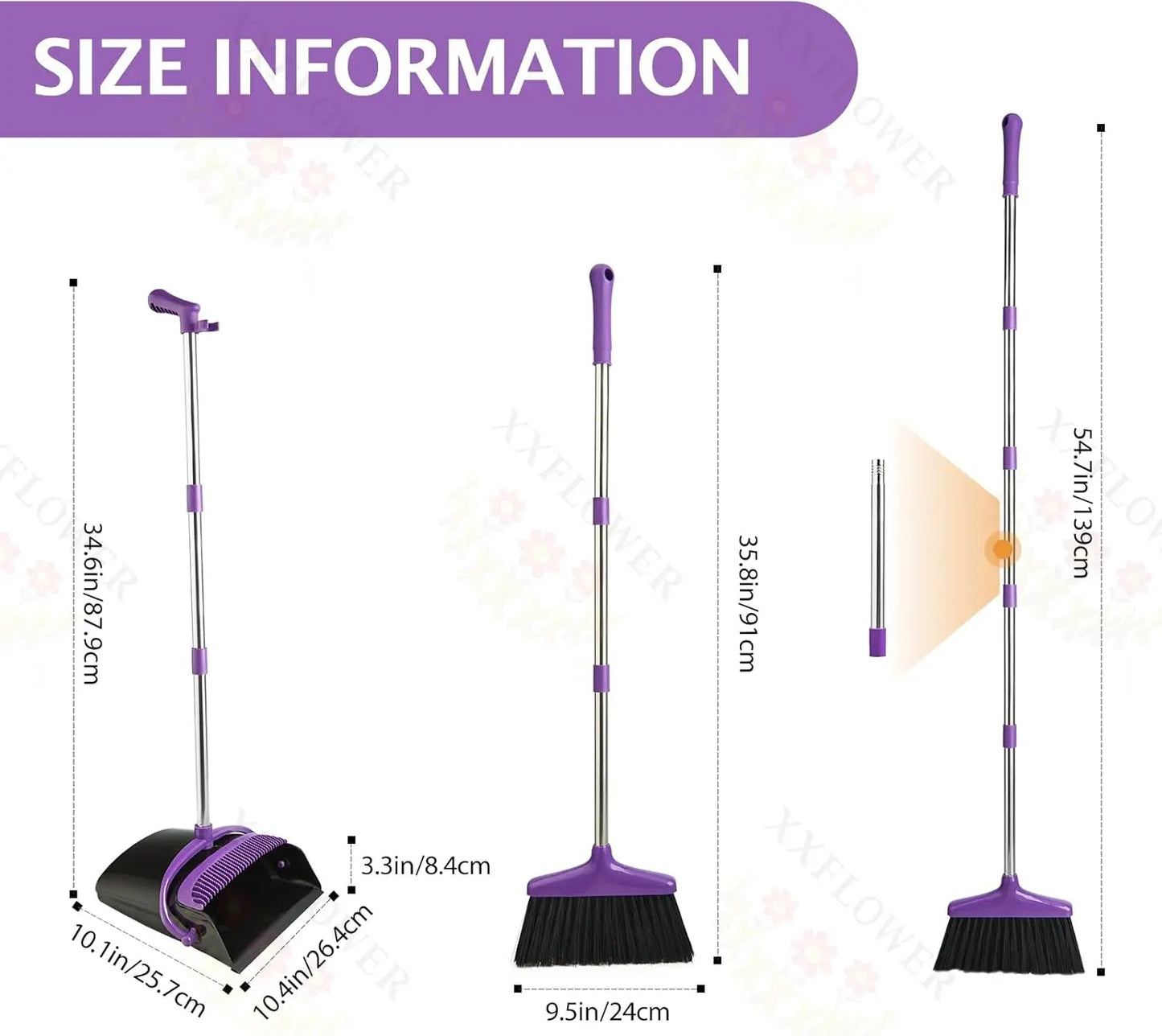 Long Handle Broom and Dustpan Set, Lightweight Stainless Steel, Upright Storage for Home Kitchen Office Pet Hair Cleaning