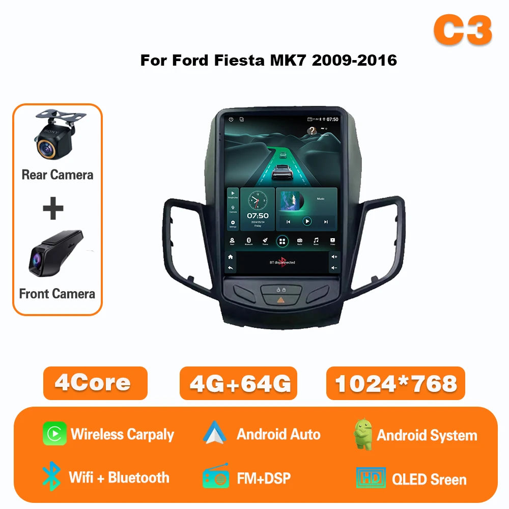 9.7" Android Car Stereo for Ford Fiesta MK7 (2009–2017) — Wireless CarPlay & Android Auto, GPS, 4G, WiFi
