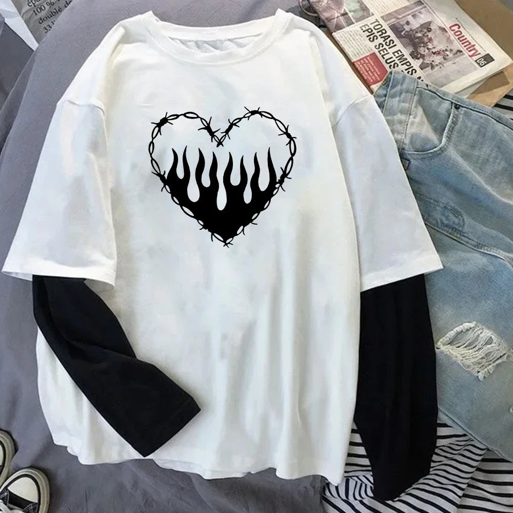 Fashion Punk Dark Style Printed Round Neck T-shirt Y2K Sport Harajuku Thin Women's Top Long Sleeves T Shirt Outdoor Loose Shirt