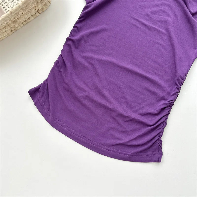 Women's Summer High Stretch Slash Neck Flare Sleeve Slim T Shirt Lady Sexy Pleated Slim Solid Color Pullover Tee Top