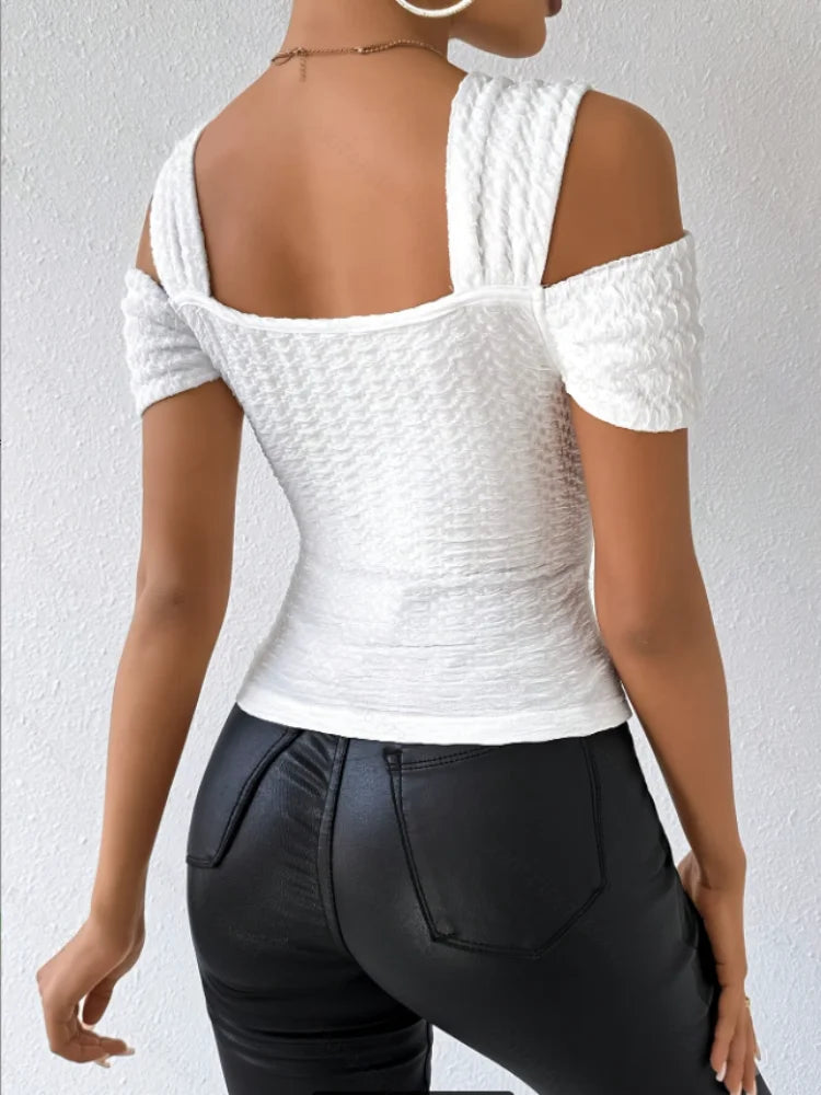 Sexy Off-Shoulder Women's Slim Tops Fashionable Solid Color T-Shirts Spring Summer Simple Short Sleeve Female V-Neck Blouse
