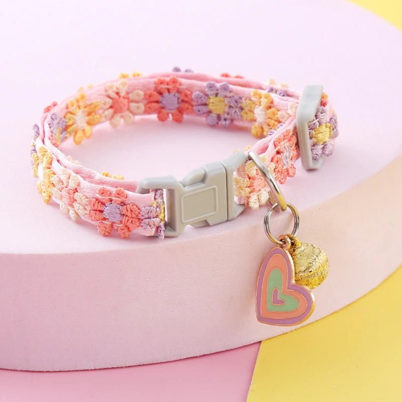Paw Print Pet Collar with Bell - Adjustable Polyester Strap
