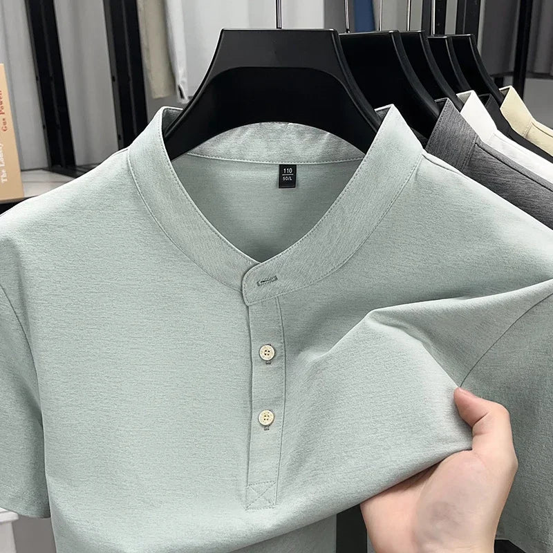 Men's Mandarin Collar Henley - Short Sleeve, Breathable Slim Fit