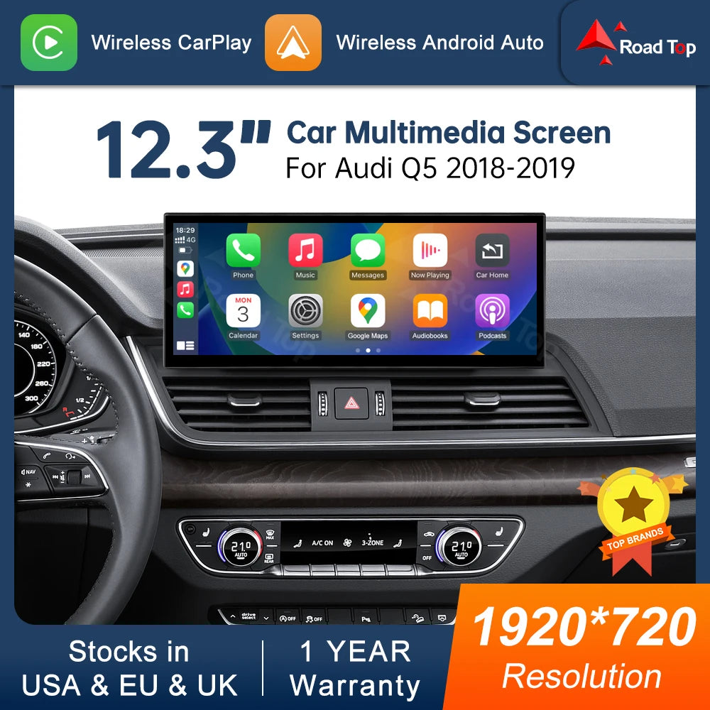 12.3" Wireless CarPlay & Android Auto Display for Audi Q5 (2018–2019) — AirPlay, Miracast, Touchscreen