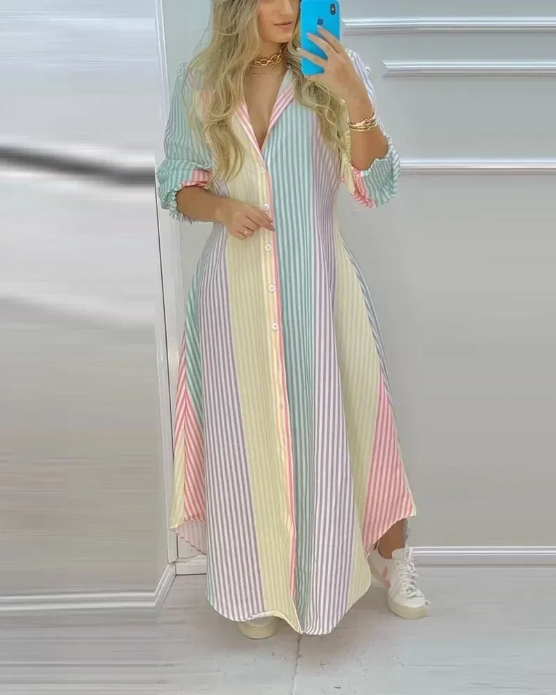 Women Lapel Collar Long Sleeve Leaf Print Button Front Split Maxi Shirt Dress Casual Daily Commuter Cover Up