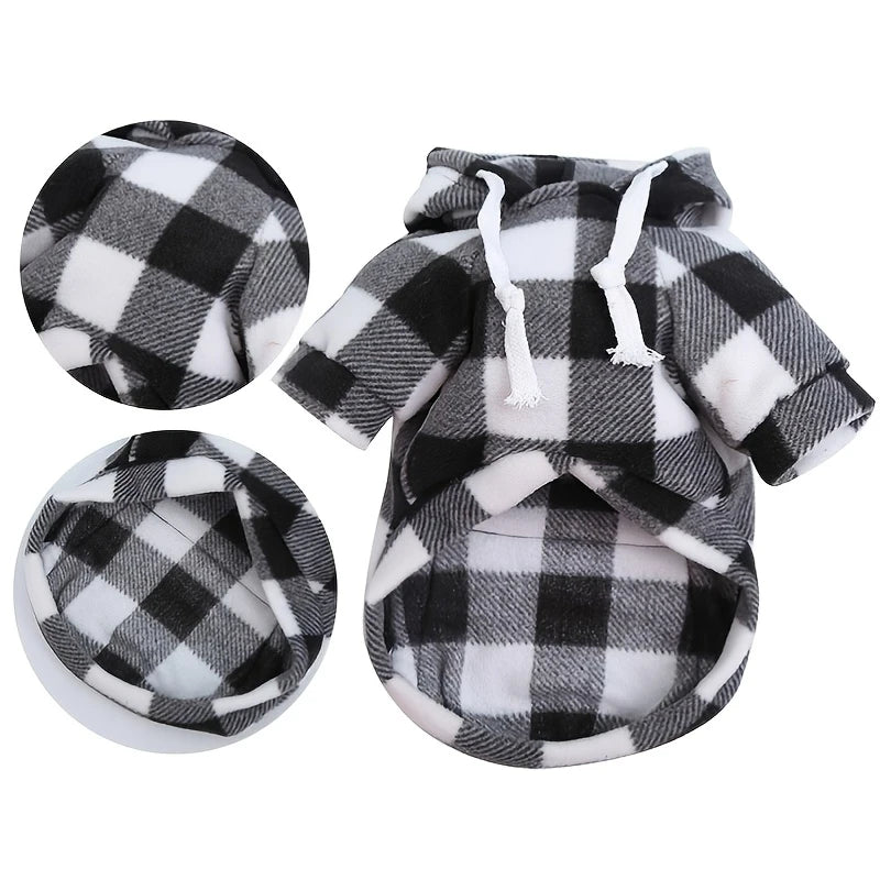Plaid Hooded Pet Hoodie with Zipper Pocket - Soft Fleece Dog Sweatshirt - photo 3