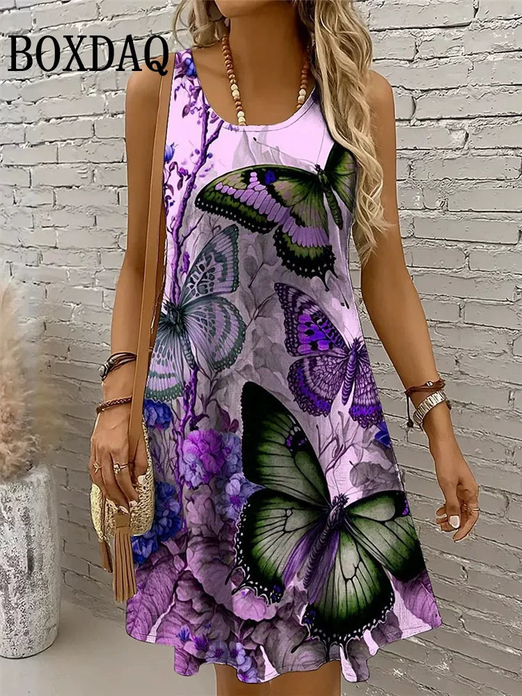 Women's Butterfly Print Sundress – Sleeveless Loose Beach Dress for Summer & Vacation