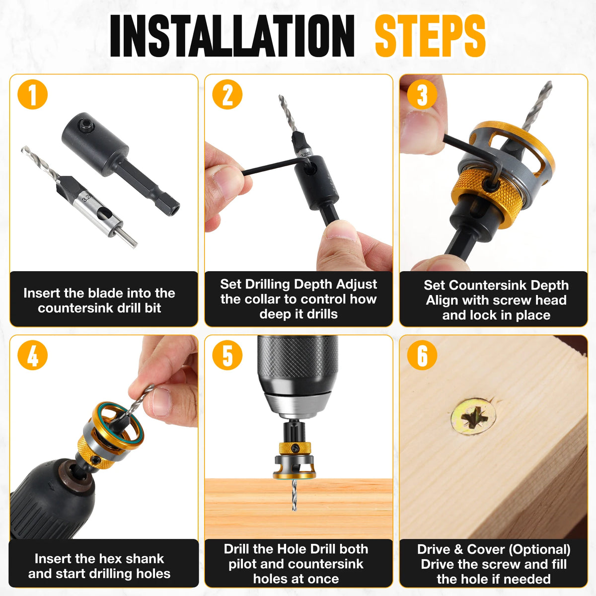 Countersink Drill Bit Set, Adjustable Depth HSS Wood Counterbore
