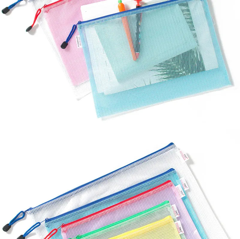 10PCS Stationery Storage Folder File Mesh Zipper Pouch Document Bag Office and Educational Supplies Storage Students Stationery