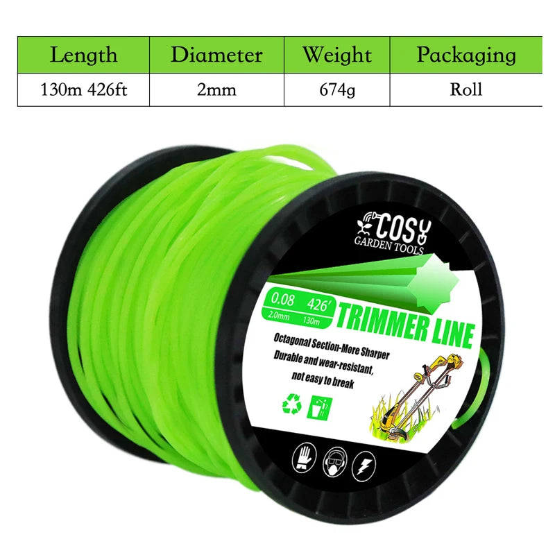 TSES 59m~130m Green String Trimmer Line Roll Durable Octagonal Shape Nylon Weed Whacker Line Strimmer Line Rope