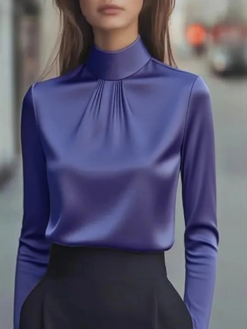 Women's High Neck Dressy Blouse - Plain Elegant Everyday Top - photo 4