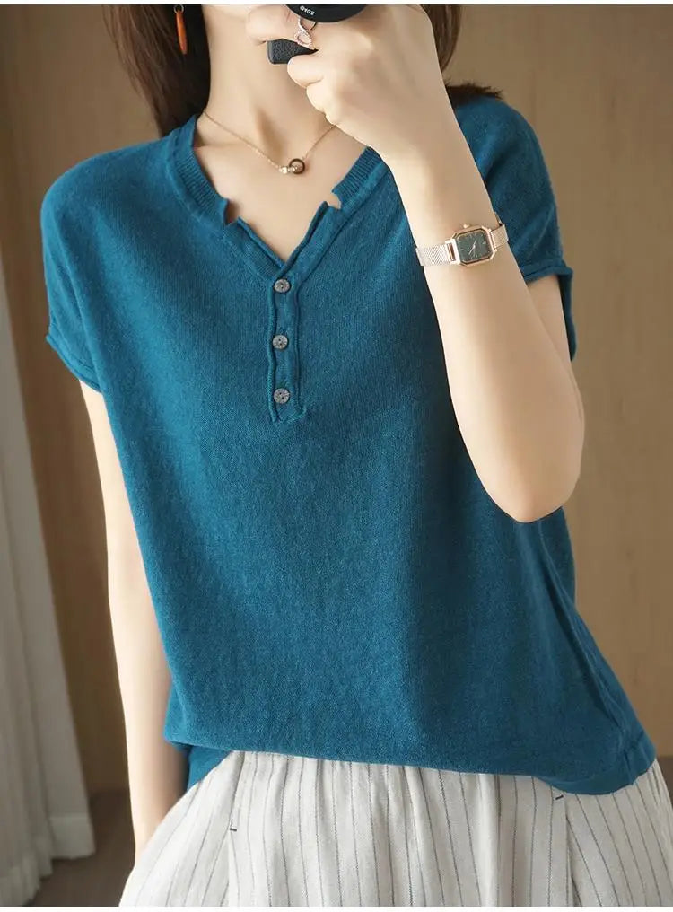 Summer 100% pure cotton women's T-shirt V-neck knitted short sleeved loose Tees solid color pullover button Tops basic versatile